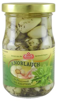 Produktbild von Knoblauchzehen in Öl mit Kräutern von Kunella Feinkost (185 g Glas)