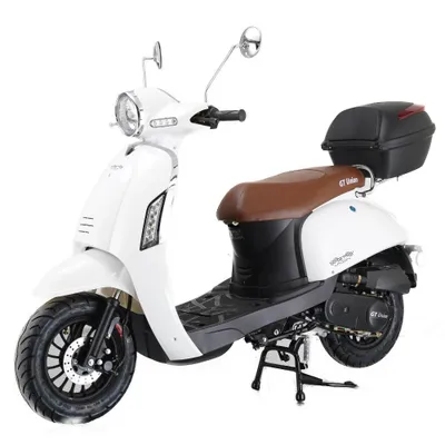 Produktbild von Motorroller Massimo 50ccm 45 km/h Euro 5, perlenweiß matt mit Top Case und brauner Sitzbank GT Union