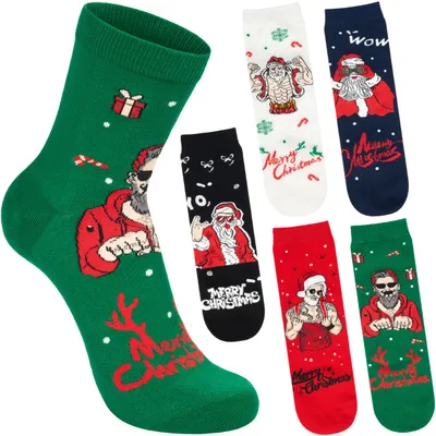 Produktbild von BRUBAKER 5 Paar Weihnachtssocken - Weihnachtsmann Tätowiert und Muskel Santa - Lustige Herren Socken Weihnachten, Größe 41-45