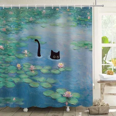 Produktbild von Azomor® Stilvolles Duschvorhang mit Katzenmotiv und Lotusdesign zur Badezimmerdekoration