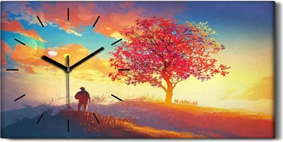 Produktbild von Dekor Leinwand Uhr Wandbilder 60x30 Gemälde Hügel Baum Himmel Sonnenuntergang - schwarze Hände
