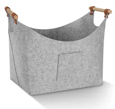 Image de Panier en feutre gris clair pour bois de cheminée, pliable, d'une capacité de 57 litres, avec une épaisseur de matériau de 3 mm, des poignées en bois et 2 poches latérales