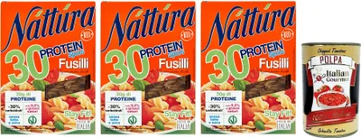 Produktbild von 3x Náttúra Protein Sport Pasta Fusilli aus Biologischem Anbau,reich an Proteinen,Packung mit 250g + Italian Gourmet Polpa di Pomodoro 400g Dose