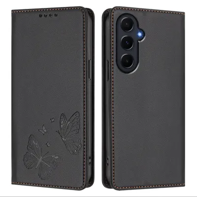 Image de Étui en cuir pour Samsung Galaxy A55, motif papillon en relief, étui portefeuille à rabat avec support, noir