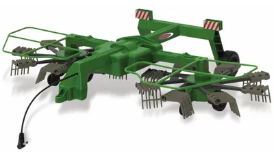 A green agricultural implement, likely a hay rake or tedder, is shown against a white background.