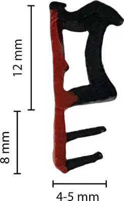 A profile view of a black and red rubber seal strip with measurement indicators.