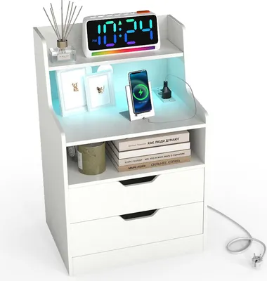 Zdjęcie produktu dla Stolik nocny COSTWAY stolik nocny z diodami LED, stacją ładującą, 2 szufladami, otwartymi schowkami i pilotem, stolik pod sofę, szafka nocna 45x35x72,5cm biały