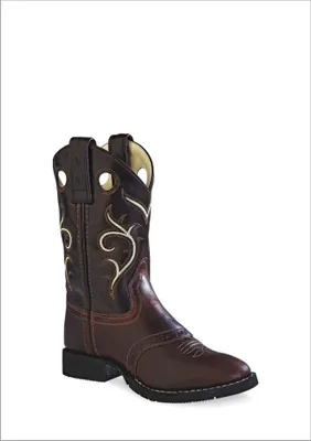 A single brown cowboy boot is shown against a white background.