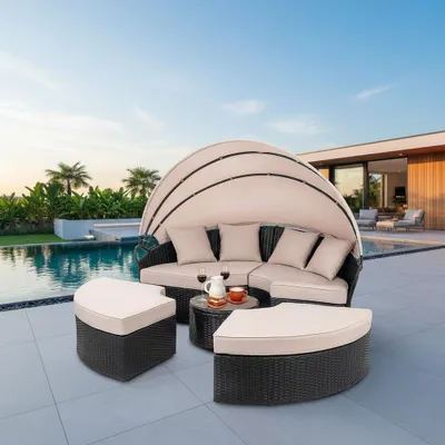 Produktbild von Polyrattan Sonneninsel 180cm Gartenmuschel Sonnenliege Loungebett schwarz/creme