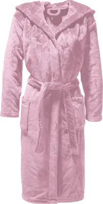 A pink hooded bathrobe is shown front and center against a white background.