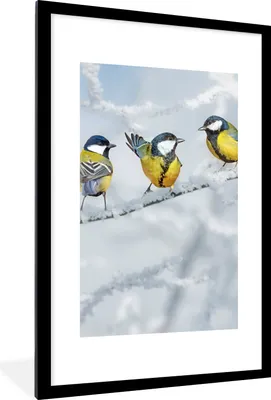 Produktbild von MuchoWow® Gerahmtes Poster Vogel - Kohlmeise - Winter - Schnee - Zweige 60x90 cm - Poster mit Schwarzem Bilderrahmen Wandposter Rahmen Foto Bilder - Dekoration - Wandposter Wohnzimmer - Hochwertig