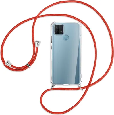 Produktbild von Handykette Backcover-Schutzhülle mit Band (Metall silberfarben) für Oppo A15 - rot