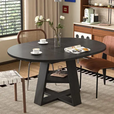 Productafbeelding van Uitschuifbare eettafel, 110/150 x 110 cm, rond, geschikt voor 4-6 personen, met geïntegreerde opbergruimte voor de uitschuifplanken en een extra opbergruimte, gemaakt van MDF, met een zwarte houtnerfprint, belastbaar tot 60 kg