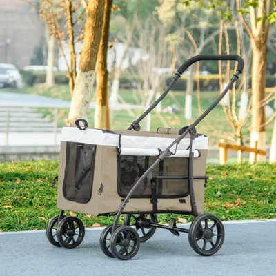 Produktbild von Hundebuggy klappbar, Hundewagen mit abnehmbarem Korb, Haustierbuggy Polyester-Stahl, Khaki | 81 x 58 x 97,5 cm | bis 15 kg | EVA-Räder & Hinterbremsen