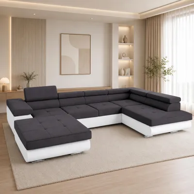 Produktbild von GOLDSTOFF RELAX U Sofa mit Schlaffunktion 345×205 cm | Eckschlafsofa mit bettkasten verstellbare Kopfstützen | Sofabett (Dunkelgrau2 + Weiß)