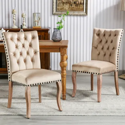 Immagine prodotto di okwish Sedia da pranzo, sedia da cucina, sedia da salotto con ribalta unica, 2 pezzi, sedia imbottita con decorazione a spicchi, gambe in legno massiccio, rivestimento in velluto, beige