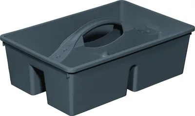A gray plastic carry case with a handle is shown from a slightly elevated angle.