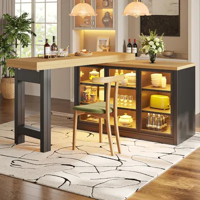 Immagine prodotto di Isola multifunzionale per la cucina MODFU, con armadietto illuminato a LED, tavolo da pranzo con piano girevole, bancone/tavolo da cucina, mobile contenitore con ante in vetro, colore nero