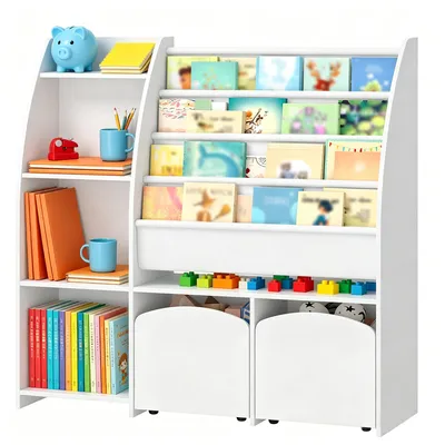 Produktbild von Kinderregal mit Zeitungsständer, 30 x 105 x 100 cm, Weiß | Bücherregal, Spielzeugregal, 2 Säulen, 4 Ablagen, Aufbewahrungsbox, für Kinderzimm