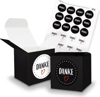 Produktbild von itenga SET DANKE (Motiv 22) 24x Würfel 6,5cm schwarz + Stickerbogen