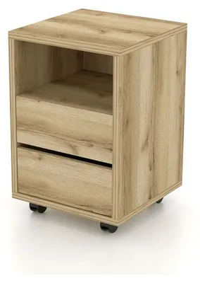 Image de Meuble en chêne sur roulettes MELTO – 2 tiroirs et 1 compartiment – Rangement pratique en bois clair