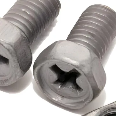 Close-up view of two metal bolts with hexagonal heads and internal drive sockets.