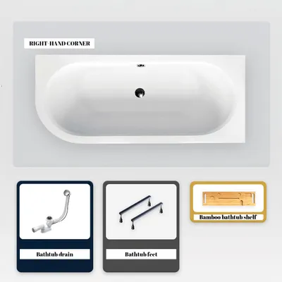 Produktbild von Asymmetrische Badewanne - 170 x 75 cm - Rechts - ohne Verkleidung - mit Füßen - Bambusablage - Ablaufgarnitur Chrom - AVITA