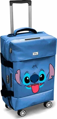 A blue trolley suitcase with a cartoon character design.