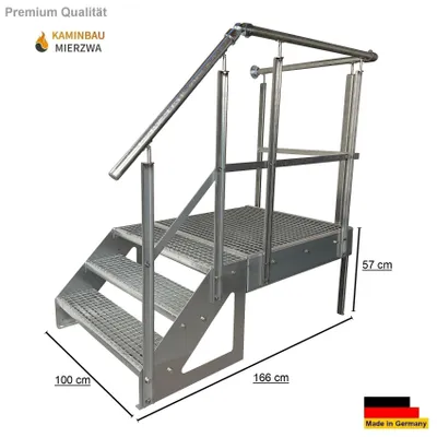 A metallic industrial staircase with a platform and handrails, isolated on a white background with dimensions indicated.