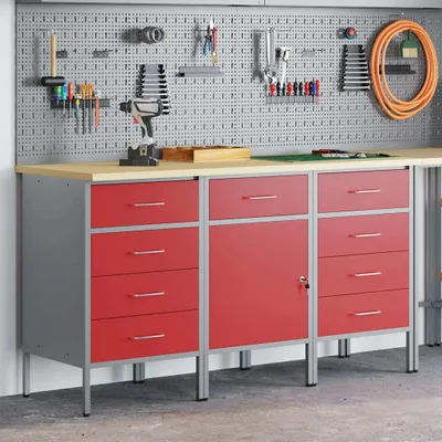 Produktbild von vidaXL Werkbank mit Schubladen 3 stk. Rot und Grau 150 x 55 x 85 cm