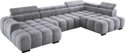 Obrázek produktu pro DomoHome Moderní velká rohová sedací souprava ve tvaru U Látka EDEN Stříbrná Pravá strana 393×205×97 cm - nastavitelné opěrky hlavy, možnost spaní, minimalistický kubistický design