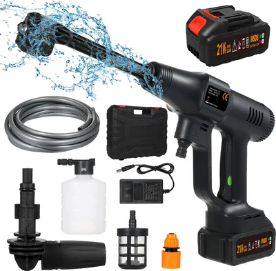 Produktbild von Hand-Hochdruckreiniger, tragbarer Kraftreiniger mit wiederaufladbarem 1500 x 10 mAh Akku, Autowaschpistole für die Bodenreinigung zu Hause, Bewässerung, Echtzeit-LCD-Display, Sicherheitsverriegelung