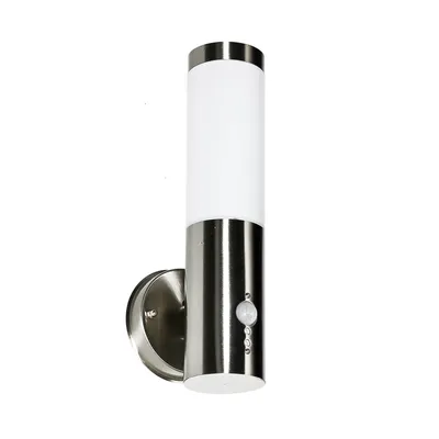A modern outdoor wall light with a brushed stainless steel finish and a frosted white glass cylinder. It features a motion sensor on the lower part of the fixture.