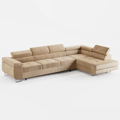 Image de ECKSOFA VEMO NOVA : Canapé droit en velours beige, avec fonction couchage et coffre de rangement