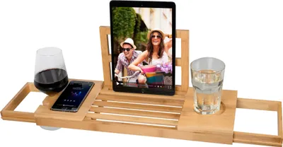 Produktbild von alpina Verstellbares Badewanneablage Badewannebrett 50-92 x 18 x 4 cm - Badewanneauflage aus Bambus mit Buchstütze und Tablet-Halter - Inkl. Becherhalter - Badezimmer Deko