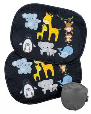 Produktbild von 2X HECKBO Auto Sonnenblenden Kinder Baby Tiere mit Mama Motiv, 44 x 36 cm, 8 Saugnäpfe, UV-Schutz, faltbar inkl. Tragetasche Kind