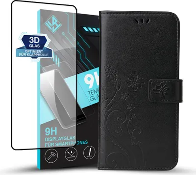 Produktbild von Handyhülle für Samsung Galaxy A55 5G mit 9H Displayglas Floral Blumen Schmetterling Flip Cover Hülle Case Klapphülle Handytasche Farbe: Schwarz