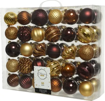 Produktbild von Weihnachtskugeln Kunststoff 6-7cm Ornamente 60er Set - Braun Gold