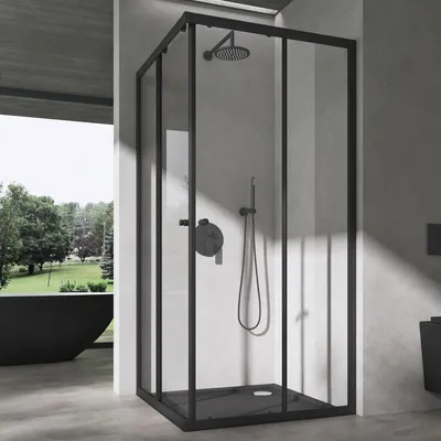 Image de doporro Cabine de Douche Noir en Angle Transparent 90x140cm Paroi de Douche Hauteur de 190cm Portes Coulissantes Montage Réversible Ravenna16K-Plus