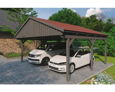 Produktbild von Doppelcarport SKAN Holz Fichtelberg inkl. Dachschindeln rot 618 x 566 cm Schiefer