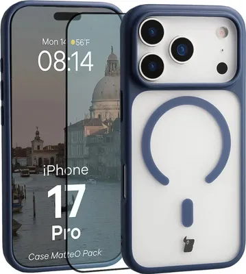 Produktbild von Schutzhülle mit Magnetring + gehärtetem Glas für iPhone 17 Pro, Bizon MatteO Pack, Getönt-Dunkelblau