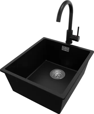 Produktbild von PRIMAGRAN Unterbauspüle Granit Schwarz 41x47cm, Spülbecken 1 Becken + Küchenarmatur 32x20cm + Ablauf-Set, Granitspüle ab 45er Unterschrank - London