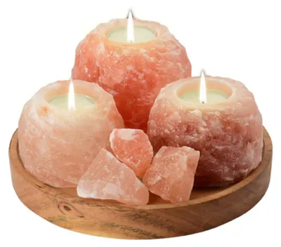 Produktbild von HAF Teelichthalter Set Rosa 3-teilig (2x ca. 400g & 1x ca. 700g) | Kristallsalz Kerzenhalter | Handgefertigt Harmonisches Licht Deko | ohne Teelichter
