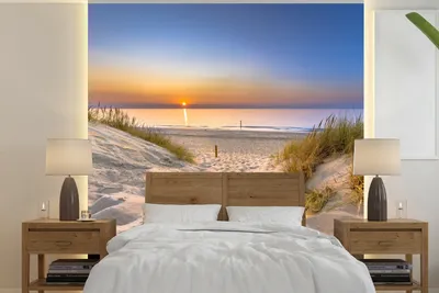 Produktbild von MuchoWow® Fototapete für Wohnzimmer oder Schlafzimmer Wandtapete Vinyl Motivtapete Düne - Sonnenuntergang - Horizont - Strand - Gras - 240x240 cm - Schlafzimmer-Tapete