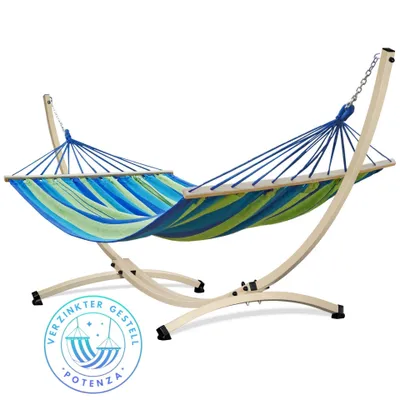 Produktbild von Potenza Outdoor Hängematte mit Gestell für 2 Personen I Stabhängematte XXL 220x160, 200kg I Verzinkter Ecru Hängemattengestell 220kg Wetterfest