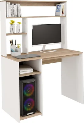 Imagen del producto de - Escritorio con estanterías DAN en blanco y con aspecto de madera de haya