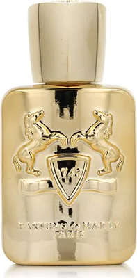 A gold-colored perfume bottle with embossed horses and a crest.