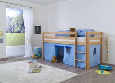 Produktbild von Halbhohes Einzelbett Alex Buche massiv 90x200 cm Natur lackiert mit Stoff-Set