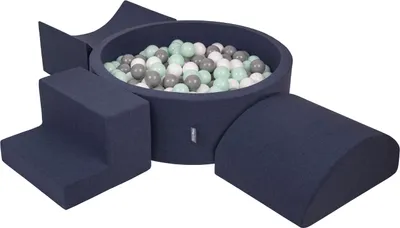 Produktbild von KiddyMoon spielplatz aus schaumstoff mit rund bällebad (300 bälle) ballgruben für babys spielbad hindernisläufen, hergestellt in der eu, dunkelblau:weiß/grau/minze