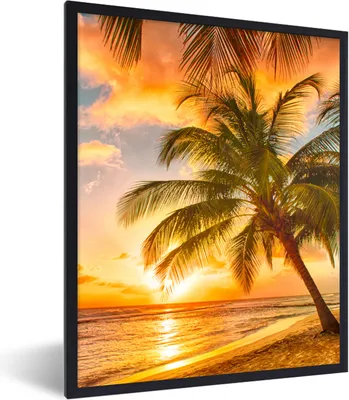 Produktbild von MuchoWow® Gerahmtes Poster Sonnenuntergang - Palme - Wolken - Meer - Strand 60x80 cm - Poster mit Schwarzem Bilderrahmen Wandposter Rahmen Foto Bilder - Premium - Wanddeko Wohnzimmer